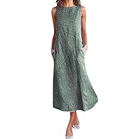 Striped Linen Dresses for Women 2023 Summer Sleeveless Midi Dress, Crewneck Pocket Dresses Trendy Long Sundress