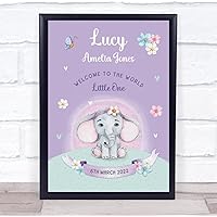 The Card Zoo Elephant Purple New Baby Birth Details Nursery Christening Keepsake Gift Print
