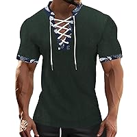 Mens Short Sleeve Corduroy Shirts Casual Textured Slim Fit Skinny Workout Tops African Printed Lace Up Trendy Hippie Shirt