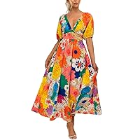Women's Short Sleeved Colorful Flower Print Female V Neck Puff Sleeves Elastic Waist Long Sleeve Dress for Women