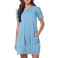 Womens Summer Dresses Casual Solid Color Short Sleeve Crew Neck Sports Short Tunic Dress with Pockets