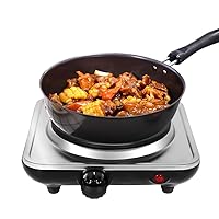 Electric Countertop Single Burner, 1000W Cooktop with 8.26 Inch Cast Iron Hot Plate, 5 Level Temperature Control, Compact Cooking Stove and Easy to Clean Stainless Steel Base, Silver