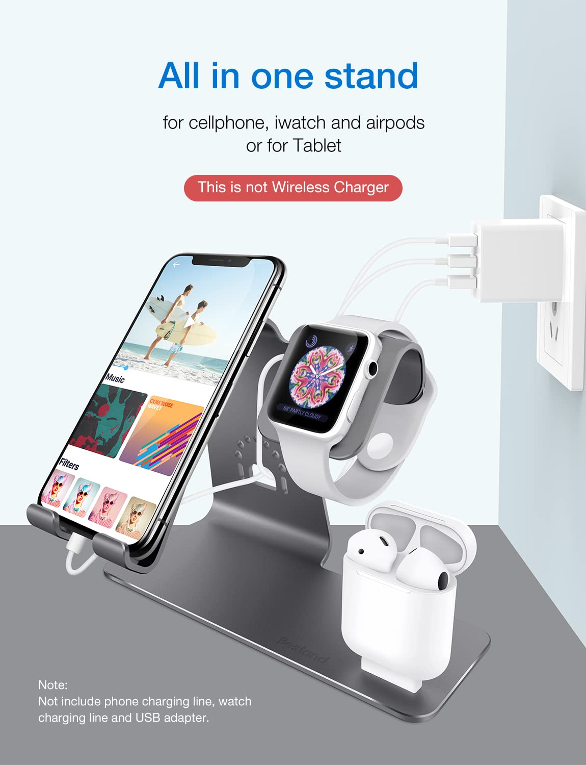 Bestand 3 in 1 Stand Holder for iPhone Mobile Phone iWatch and Charging Stand for Airpods Only, Grey (Patented, Airpods Charging Case NOT Contained)