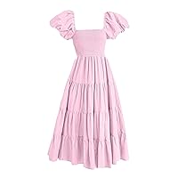 Square Neck Backless Puff Sleeve Pleated Short Sleeve Dress Womens Dresses Summer Long