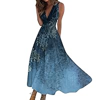 Maxi Dresses for Women 2024 Trendy Gradient Flowy Dresses Summer V Neck Sleeveless Dress Casual A Line Dress
