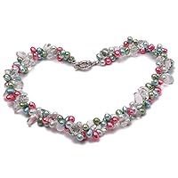 JYX Pearl Necklace for Women Two-strand 7x12mm Multi-color Freshwater Pearl and Baroque Rock Crystal Necklace 19