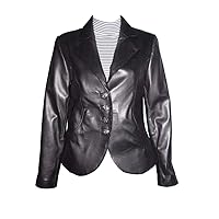 New Womens Supple Lambskin Short Cute Black Leather Blazer Jacket with Buttons