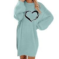 2024 Fashion Clearance Women's Lantern Sleeve Plush Sweater Dress Loose Heart Pattern Print Dresses Trendy Fuzzy Knit Long Sleeve Dress Suéter De Vaquera para Mujer