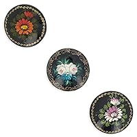 Set of 3 Wooden Black Hand Painted Flower Round Brooches 2 Inches