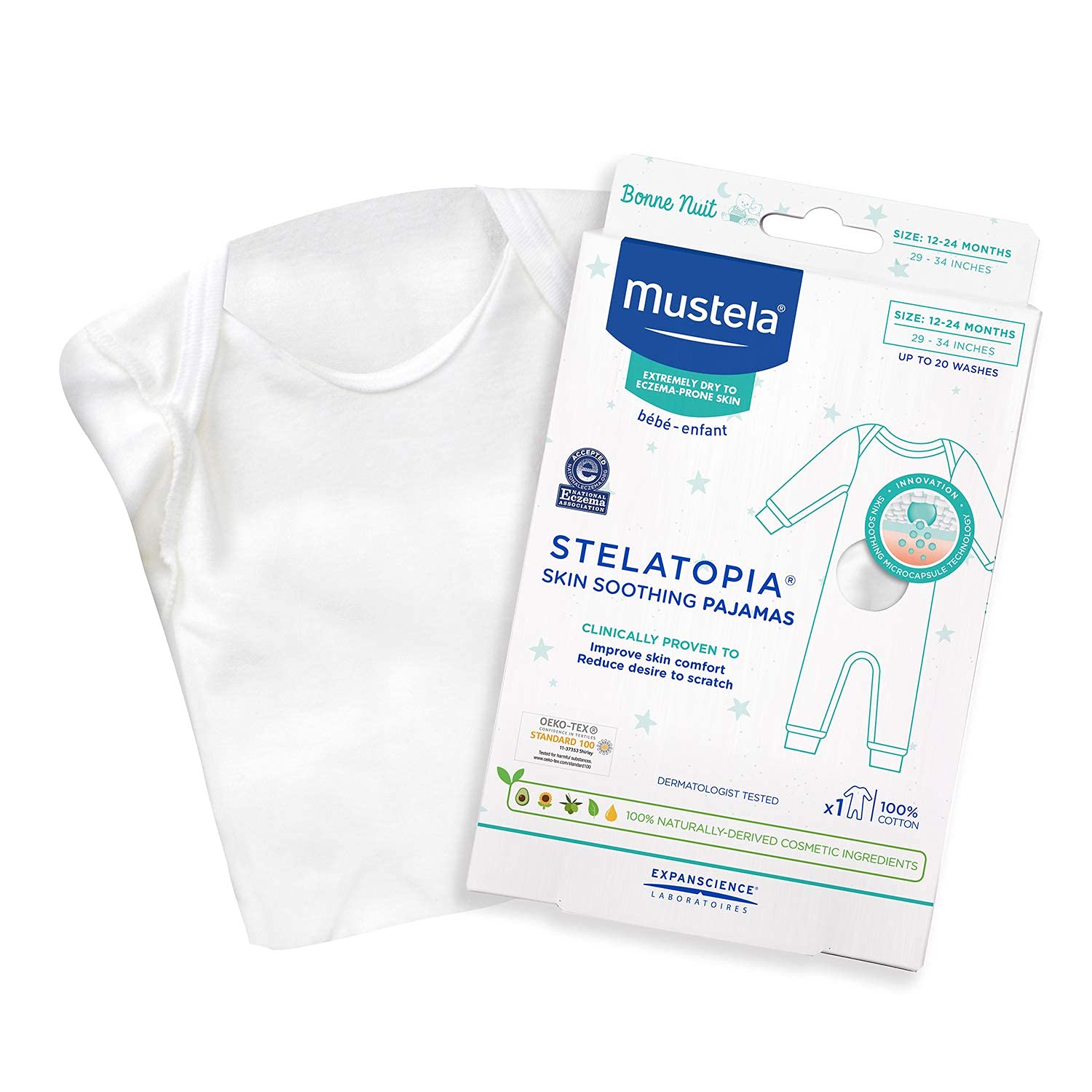 Mustela Stelatopia Skin Soothing Pajamas - Baby Pajamas for Eczema-Prone Skin - with Natural Avocado & Sunflower Oil - 12 to 24 Months,1 Count (Pack of 1)