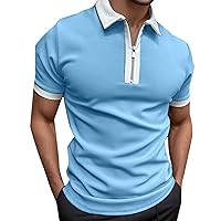 Men's Striped Zipper Polo Tee Shirts Short Sleeve Color Block Printed Tee Shirts Summer Casual Tops Slim Fit