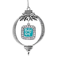 Inspired Silver - Blue Baby Girl Charm Ornament - Silver Square Charm Holiday Ornaments with Cubic Zirconia Jewelry