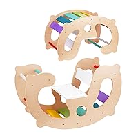 2 in 1 Rainbow Climbing Toys - Pikler Montessori Climbing Set, Wooden Rocking Horse Toy, Children Indoor Outdoor Play Gym Learning Playset, Playground for Kids Gift