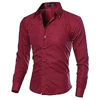 Men's Dark Print Casual Long-Sleeved Shirt Business Slim Button Down Shirt Fashion Plaid Lapel Iron-Free Shirt