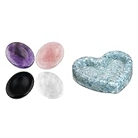 mookaitedecor Bundle - 2 Items: Pack of 4 Mixed Thumb Worry Stone & Heart Shaped Aquamarine Orgone Crystal Tray Holder Display for Home Decor