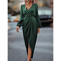 Women's Dress Lantern Sleeve Twist Front Wrap Hem Satin Dress Dresses for Women (Color : Dark Green, Size : X-Large)