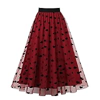 Wellwits Women's Mesh Overlay High Waist Casual Formal Flare Midi Skirt