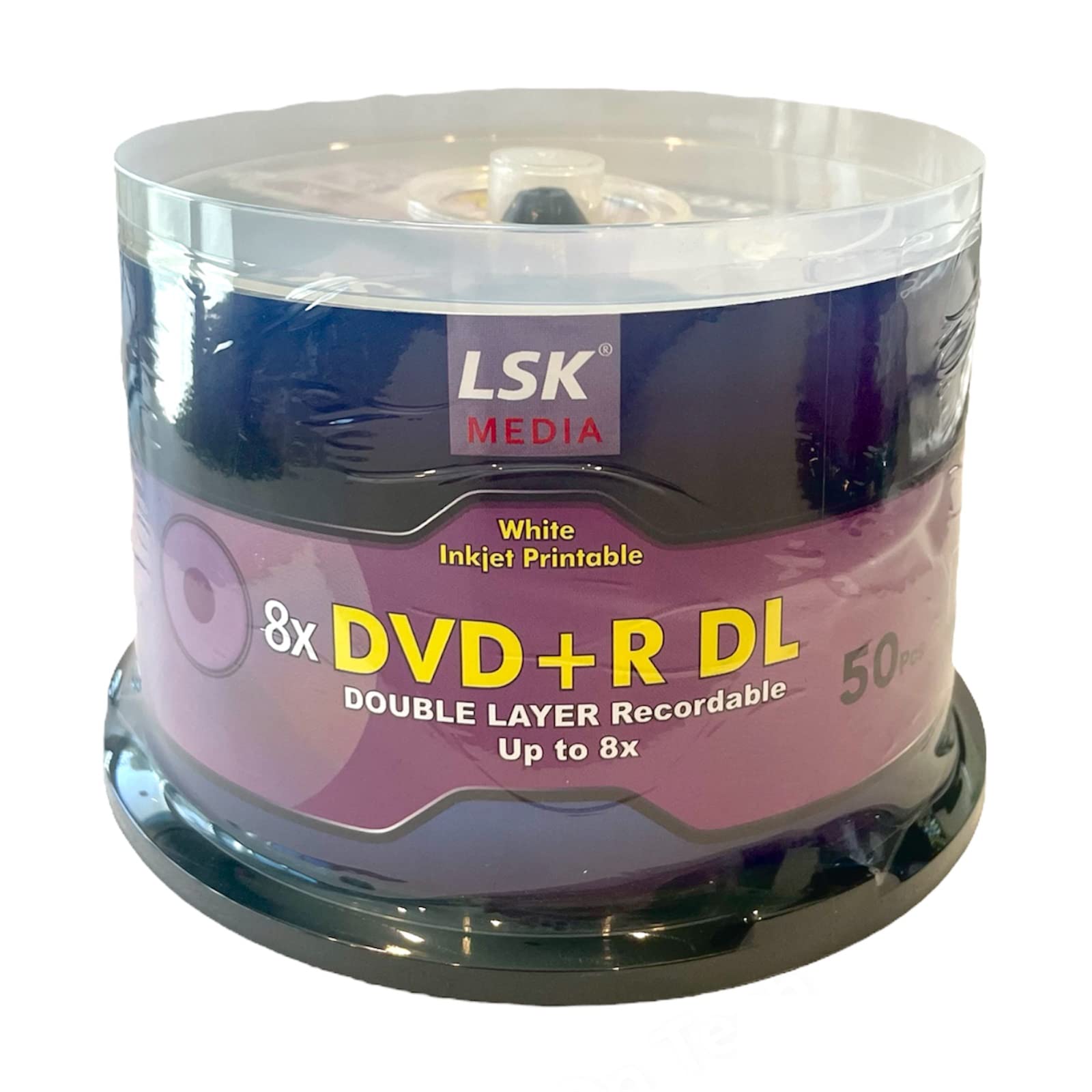 DVD+R DL Double Layer 8X 8.5GB 240min Video, White Inkjet Printable, by LSK Media, 50 Pack in Spindle | Blank DVDs for Burning Video | DVD Discs Blank | Recordable DVDs