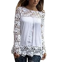 Genluna Women's White Lace Sleeve Chiffon Patchwork Shirt Fashion Blouse