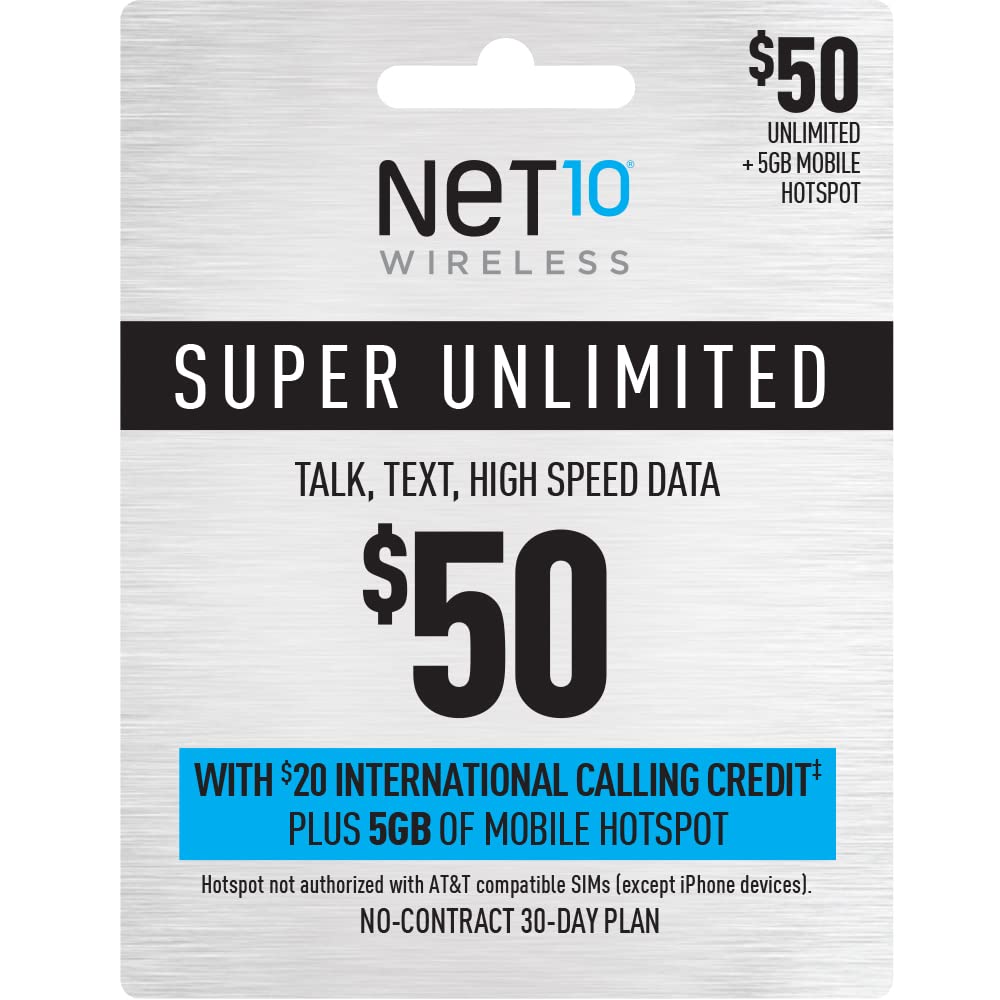 Net10 Wirelss $50 Unlimited 10GB Plan Refill Card (Mail Delivery)