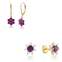 14k Yellow Gold Purple Amethyst Flower Dangle and Diamond Flower Halo Stud Earrings Set for Women | Birthstones Earrings with Leverback | 4mm Birthstone Earrings with Push Backs by MAX + STONE