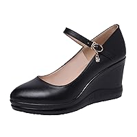 Women Wedges Platform Pumps Classic Closed Toe Buckle Strap High Heels Working Shoes Comfort Pumps