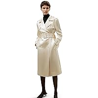 LilySilk Women’s Double Breasted Silk-Blend Belted Coat Lapel Collar Luxury Pea Coat Buttons Closure with Slit Pockets