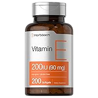 Horbaach Vitamin E Supplement | 200 IU (90 mg) | 200 Softgel Capsules | Non-GMO and Gluten Free Formula