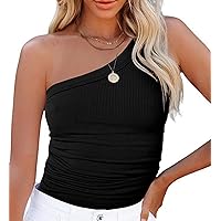 kaimimei Womens Summer One Shoulder Tank Tops Ribbed Sleeveless Solid Casual Slim Tee Shirts