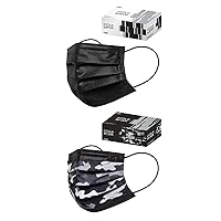 CSD Colo 30 Pcs Black + 30 Pcs Black Camo Disposable Face Masks Bundle - 3 Ply Breathable Mask with Elastic Ear Loop for Adults
