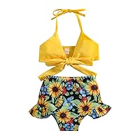 Girls Guard Set Girls Sunflower Flower Printing Ruffles Two Piece Swimwear Swimsuit Bikini Girls Athletic Swimwear