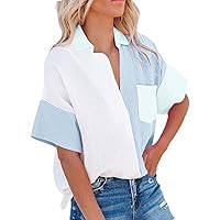 Ceboyel Summer Tops for Women 2023 Color Block Button Down Shirt Short Sleeve Stylish Blouses Trendy Casual Ladies Clothes