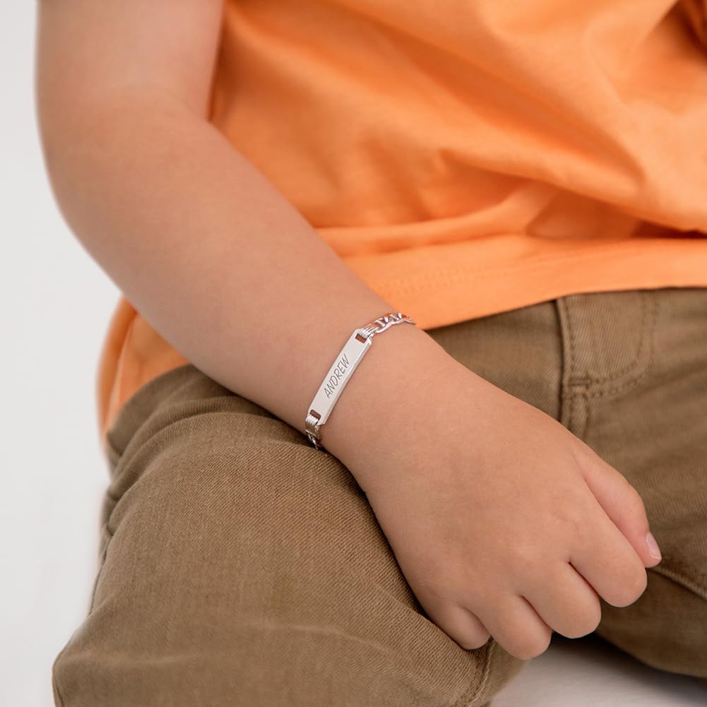 925 Sterling Silver Tag ID Identification Anchor Chain Link Bracelet For Boys & Girls - Custom Personalized Bracelet Gift Idea for Small Children - Classic Traditional Engravable Bracelet