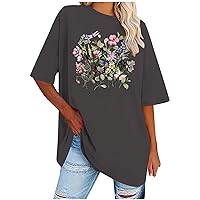 Oversized Shirts for Women Summer Tshirts Vintage Graphic Tees Cute Floral Print Tops Short Sleeve Crewneck Blouses