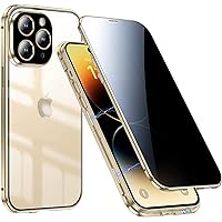 Magnetic Privacy Case for iPhone 14 Pro Max,Anti Peeping Screen Protector Front and Back Double-Sided Tempered Glass Metal Bumper Anti SPY iPhone 14 ProMax Full Body Phone Case,Clear Gold