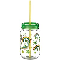Vibrant Plastic Rainbow Icon Mason Cup with Yellow Straw - 16 oz. (1 Pc.) - BPA-Free & Durable Glass Drinkware for On-The-Go Refreshment - Perfect for Smoothies, Iced Tea, and Cold Drinks