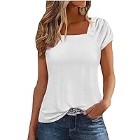 Womens T Shirt Ruched Tops for Women 2024 Solid Color Simple Versatile Loose Fit Casual with Short Sleeve Square Neck Shirts Light Gray X-Large