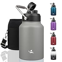 Half Gallon Jug with Handle,64oz Insulated Water Bottle with Carrying Pouch,Double Wall Vacuum Stainless Steel Metal Bottle,Gray