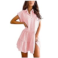 Women's Casual Dresses Plaid Minikleid Hemdkleid Button Down Flouncing Hem Lapel Short Sleeve Summer Sundress Daily Wear Streetwear(1-Pink,10) 0765