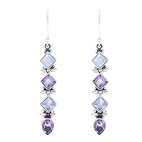 NOVICA Handmade Amethyst Rainbow Moonstone Dangle Earrings from India .925 Sterling Silver Birthstone [2.1 in L x 0.3 in W x 0.2 in D] 'Gemstone Fusion'