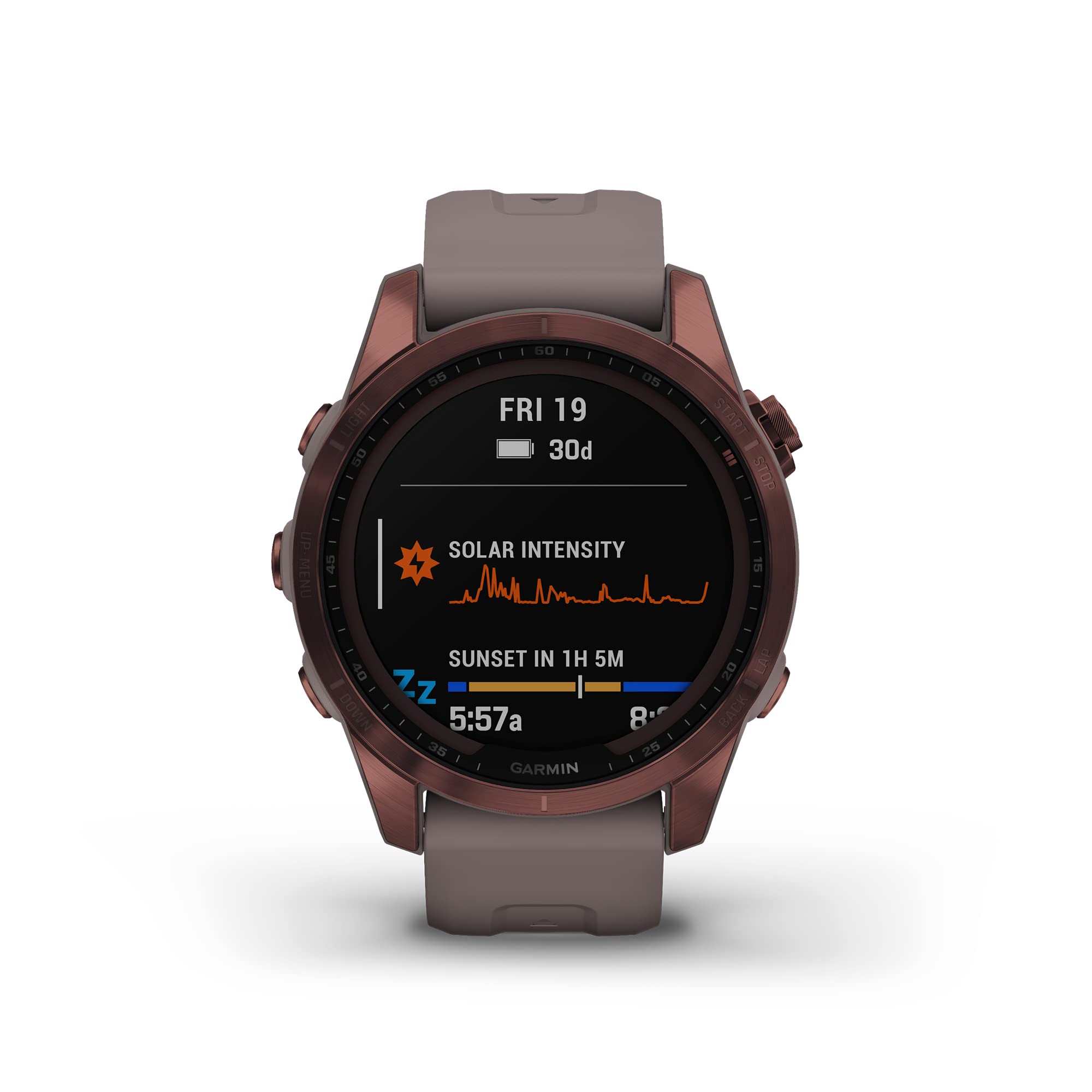 Garmin fenix 7S Sapphire Solar, Smaller adventure smartwatch, with Solar Charging Capabilities, Rugged watch with GPS, touchscreen, wellness features, dark bronze titanium with shale gray band