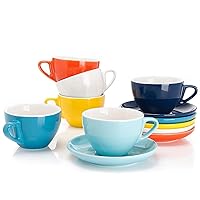 Sweese 6 Ounce Cappuccino Cups with Saucers, Porcelain Double Espresso Cups Set of 6 - Hot Assorted Colors