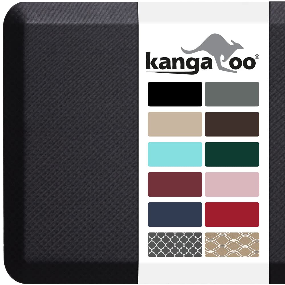 KANGAROO Thick Ergonomic Anti Fatigue Cushioned Kitchen Floor Mats, Standing Office Desk Mat, Waterproof Scratch Resistant Topside, Supportive All Day Comfort Padded Foam Rugs, 70x24, Black