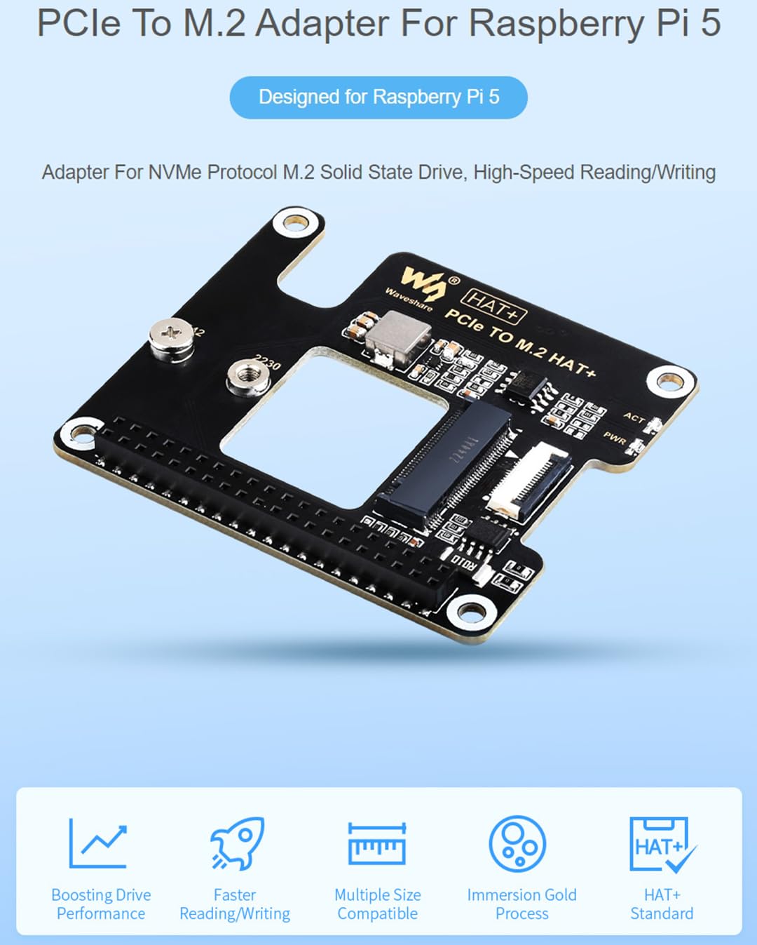 for Raspberry Pi 5 PCIe to M.2 Adapter, Supports NVMe Protocol M.2 Solid State Drive, High-Speed Reading/Writing, HAT + Standard, Compatible with M.2 Drives in 2230/2242 Size, Gen2 and Gen3 Modes