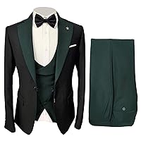Men 3 Piece Solid Tuxedo Set Casual One Button Groomsmen Blazer Sets Elegant Shawl Collar Prom Jacket Vest Pants (Green,48/32)
