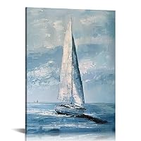 BYNIUA Coastal Sailing Boat Canvas Wall Art - Blue and White Nautical Picture for Living Room, Bedroom, or Bathroom Decor with Vertical Seaside Artwork