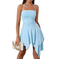 Women's Summer Mini Dress Bodycon Ruched Backless Halter Flowy Ruffle Party Club Short Dresses