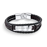 Unisex Personalize Black Rope Cord Brown leather Stacking Multi Strand Identification Name Bracelet For Men Teens Silver Tone Stainless Steel Customizable