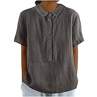 Womens Cotton Linen T-Shirt Short Sleeve Relaxed Fit Crewneck Shirts Solid Colo Pleated Lightweight Summer Blouse
