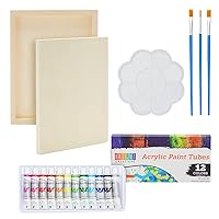 Bright Creations 18 Pcs Set Canvas Painting Supplies Kit with 2 Wood Canvas Panel Art Boards 9x12 in, 12 Acrylic Paint Tubes, 3 Brushes and 1 Palette